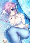  1girl blue_eyes breasts cleavage fingernails highres kitasaya_ai large_breasts long_hair mermaid moe2018 monster_girl nail_polish navel ocean original pearl pink_hair shell shell_bikini solo water 