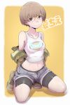  1girl bare_shoulders bike_shorts breasts brown_eyes brown_hair collarbone glasses highres ina_(gokihoihoi) jacket looking_at_viewer midriff navel neck persona persona_4 satonaka_chie short_hair short_shorts shorts smile solo translated yellow-framed_eyewear yellow_background 