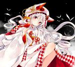  1girl bird bird_on_hand checkered checkered_kimono chiya_(urara_meirochou) commentary_request eyebrows_visible_through_hair hair_between_eyes harikamo head_tilt highres hood japanese_clothes kimono long_hair obi official_art red_eyes sash silver_hair urara_meirochou white_kimono wide_sleeves 