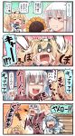  3girls 4koma :d aqua_neckwear aqua_skirt blonde_hair blue_hair blue_sailor_collar blue_shirt breast_pocket brown_gloves comic commentary_request crying dixie_cup_hat double_bun facial_scar fang flower flying_sweatdrops gambier_bay_(kantai_collection) gangut_(kantai_collection) gloves hair_between_eyes hair_ornament hairclip hat highres holding ido_(teketeke) kantai_collection long_hair military_hat multicolored multicolored_clothes multicolored_gloves multiple_girls neckerchief no_hat no_headwear o_o open_mouth orange_eyes pleated_skirt pocket red_shirt remodel_(kantai_collection) sailor_collar samuel_b._roberts_(kantai_collection) scar school_uniform seed serafuku shaded_face shirt short_sleeves skirt smile speech_bubble sunflower sunflower_seed thought_bubble translation_request v-shaped_eyebrows white_hair white_hat 