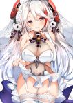  1girl alternate_costume azur_lane bangs bare_shoulders blush breasts bridal_gauntlets bridal_veil choker collarbone commentary cowboy_shot dress dress_lift eyebrows_visible_through_hair finger_to_mouth flower garter_straps gloves groin hair_between_eyes hair_flower hair_ornament head_tilt headgear highres large_breasts lifted_by_self long_hair looking_at_viewer mole mole_on_breast multicolored_hair mutou_(94753939) parted_lips prinz_eugen_(azur_lane) redhead see-through sidelocks silver_hair skindentation smile solo streaked_hair swept_bangs thigh-highs thighs two_side_up veil very_long_hair wedding_dress white_dress white_gloves white_legwear 