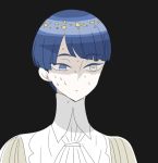  1other androgynous bangs black_background blue_eyes blue_hair blunt_bangs colored_eyelashes eyebrows_visible_through_hair heterochromia houseki_no_kuni lowres nervous phosphophyllite phosphophyllite_(ll) short_hair shumiko_(kamenokoueki) solo spoilers sweat upper_body white_eyes 