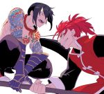  2boys asaya_minoru bangs black_hair black_pants chest_tattoo chinese_clothes eye_contact eyebrows_visible_through_hair fate/extra fate/grand_order fate_(series) gauntlets green_eyes grin hair_between_eyes holding li_shuwen_(fate) long_hair long_sleeves looking_at_another low_ponytail male_focus multiple_boys pants ponytail redhead shirtless shoulder_tattoo simple_background smile squatting tattoo very_long_hair white_background yan_qing_(fate/grand_order) 