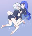  2others amimi androgynous barefoot blue_eyes blue_hair elbow_gloves eyebrows_visible_through_hair gem_uniform_(houseki_no_kuni) ghost_quartz_(houseki_no_kuni) gloves hair_over_one_eye hand_holding hime_cut houseki_no_kuni lapis_lazuli_(houseki_no_kuni) long_hair looking_at_viewer multiple_others necktie short_hair silver_hair smile white_eyes white_hair 