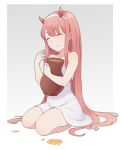  1girl :t ^_^ bare_shoulders cheshirrr closed_eyes closed_eyes darling_in_the_franxx dress eating eyebrows_visible_through_hair gradient gradient_background grey_background hairband highres honey horns long_hair pink_hair red_horns sitting solo wariza white_dress white_hairband zero_two_(darling_in_the_franxx) 