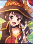  artist_request blush brown_hair cape choker dress fingerless_gloves gloves grass hat holding holding_staff kono_subarashii_sekai_ni_shukufuku_wo! megumin official_art open_mouth phantom_of_the_kill red_dress red_eyes short_hair_with_long_locks staff witch_hat 