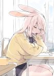  1girl animal_ears arm_rest black_skirt breasts chair chin_rest classroom closed_eyes commentary_request desk furry kishibe large_breasts long_hair open_mouth original rabbit_ears school_uniform shirt sitting skirt sleeping solo sweater white_hair white_shirt window yellow_sweater 