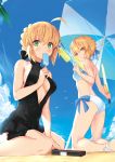  2girls :o ahoge anklet artoria_pendragon_(all) artoria_pendragon_(swimsuit_archer) artoria_pendragon_(swimsuit_archer)_(cosplay) artoria_pendragon_(swimsuit_rider_alter) artoria_pendragon_(swimsuit_rider_alter)_(cosplay) bangs bare_arms bare_shoulders barefoot beach beach_umbrella bikini black_bow black_swimsuit blonde_hair blue_bow blue_ribbon blue_sky blush bow bow_bikini breasts breasts_apart casual_one-piece_swimsuit center_opening closed_mouth clouds collarbone commentary_request cosplay day eating excalibur eyebrows_visible_through_hair fate/grand_order fate_(series) fingernails food foreshortening from_side green_eyes gun hair_between_eyes hair_bow hair_bun hair_ribbon handgun highres holding holding_food holding_sword holding_weapon jewelry kneeling leaf looking_at_viewer medium_breasts multiple_girls nishin_(nsn_0822) ocean one-piece_swimsuit open_mouth outdoors palm_tree pistol popsicle ribbon saber saber_alter sand seiza side-tie_bikini sidelocks sitting sky small_breasts sweat swimsuit swimsuit_skirt sword tree umbrella water_gun weapon white_bikini 