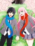 1boy 1girl bangs black_hair black_pants blazer blue_eyes blue_scarf blush cherry_blossoms commentary_request couple darling_in_the_franxx eyebrows_visible_through_hair flower grass green_eyes grey_blazer grey_neckwear grey_skirt hand_holding hetero highres hiro_(darling_in_the_franxx) interlocked_fingers jacket long_hair long_sleeves looking_at_another lying mi_(dxmp2445) necktie on_back open_blazer open_clothes open_jacket open_mouth pants petals pink_hair plaid plaid_pants plaid_skirt red_scarf scarf school_uniform shirt short_hair skirt striped striped_neckwear thighs tree white_shirt zero_two_(darling_in_the_franxx) 