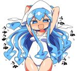  1girl :d arms_up bangs bare_shoulders blue_eyes blue_hair blush breasts casual_one-piece_swimsuit collarbone commentary_request eyebrows_visible_through_hair hair_between_eyes hat heart heart-shaped_pupils ikamusume kanikama long_hair looking_at_viewer nose_blush one-piece_swimsuit open_mouth shinryaku!_ikamusume simple_background small_breasts smile solo squid_hat sweat swimsuit symbol-shaped_pupils tentacle_hair very_long_hair white_background white_swimsuit 