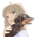  1girl ahoge andou_shuuki animal black_eyes close-up commentary_request dachshund dog flower hair_flower hair_ornament highres holding holding_animal idolmaster idolmaster_million_live! light_brown_hair open_mouth portrait short_hair suou_momoko white_background 