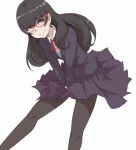  1girl black_eyes black_hair blush glasses ina_(gokihoihoi) light_smile long_hair looking_at_viewer original red-framed_eyewear school_uniform simple_background skirt solo sweatdrop white_background 