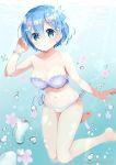  1girl arm_up bangs bare_arms bare_legs bare_shoulders barefoot bikini blue_eyes blue_hair blurry blurry_foreground blush breasts cleavage closed_mouth collarbone commentary_request day depth_of_field eyebrows_visible_through_hair hair_between_eyes hair_ornament head_tilt highres medium_breasts navel neki_(wakiko) outdoors petals purple_bikini re:zero_kara_hajimeru_isekai_seikatsu rem_(re:zero) seashell_hair_ornament side-tie_bikini smile soles solo starfish_hair_ornament strapless strapless_bikini swimsuit twitter_username underwater water 