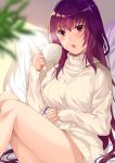  1girl absurdres bangs blush breasts cup fate/grand_order fate_(series) hair_between_eyes highres hizuki_higure knees_up large_breasts long_hair looking_at_viewer open_mouth purple_hair red_eyes ribbed_sweater scathach_(fate/grand_order) sitting solo sweater thighs turtleneck turtleneck_sweater very_long_hair white_sweater 