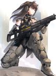  1girl armor black_hair ear_protection gun headphones holding holding_gun holding_weapon kfr long_hair mecha_musume original power_armor red_eyes science_fiction solo weapon 