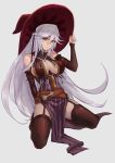  1girl absurdres arm_up bangs bare_shoulders belt belt_buckle beltskirt boots breasts brown_belt brown_footwear brown_hat buckle closed_mouth detached_sleeves eyebrows_visible_through_hair full_body garter_straps granblue_fantasy grey_background grey_eyes grey_hair hair_between_eyes hand_on_headwear hat head_tilt highres huitu_xigai large_breasts light_smile long_hair looking_at_viewer magisa_(granblue_fantasy) pelvic_curtain sideboob sidelocks sitting solo spread_legs thigh-highs thigh_boots underbust very_long_hair witch_hat 