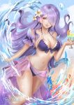  1girl alcohol alternate_costume armlet bare_shoulders bikini breasts camilla_(fire_emblem_if) cleavage collarbone commentary cup drink drinking_glass english_commentary facing_viewer fire_emblem fire_emblem_heroes fire_emblem_if flower food fruit glass gumae hair_flower hair_ornament hair_over_one_eye halterneck holding holding_drinking_glass large_breasts lips long_hair looking_at_viewer nail_polish navel patreon_username purple_bikini purple_hair sarong summer swimsuit violet_eyes wavy_hair 