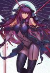  1girl bangs bodysuit breasts closed_mouth commentary covered_navel english_commentary eyebrows_visible_through_hair fate/grand_order fate_(series) gae_bolg hair_intakes hair_ornament holding holding_weapon large_breasts long_hair looking_at_viewer pauldrons pink_lips polearm purple_bodysuit purple_hair red_eyes scathach_(fate/grand_order) shoulder_armor spear standing thigh-highs veil weapon yume_ou 