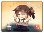  1girl artist_name black_legwear blue_hakama brain_freeze brown_hair hair_between_eyes hakama hakama_skirt japanese_clothes kaga_(kantai_collection) kantai_collection open_mouth shaved_ice short_hair side_ponytail solo spoon taisa_(kari) tasuki thigh-highs trembling 