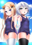  2girls abigail_williams_(fate/grand_order) bandage bandaged_arm bandages bangs bare_shoulders black_bow black_legwear blonde_hair blue_eyes blue_sky blue_swimsuit blurry blurry_background blush bow breasts closed_mouth clouds collarbone commentary_request day depth_of_field eyebrows_visible_through_hair facial_scar fate/grand_order fate_(series) forehead green_eyes hair_between_eyes hair_bow highres horizon jack_the_ripper_(fate/apocrypha) kirisame_mia long_hair multiple_girls ocean old_school_swimsuit one-piece_swimsuit orange_bow outdoors parted_bangs parted_lips polka_dot polka_dot_bow scar scar_across_eye scar_on_cheek school_swimsuit shoulder_tattoo silver_hair sky small_breasts smile swimsuit tattoo thigh-highs very_long_hair water white_legwear 