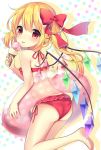  1girl :p ass bare_arms bare_legs bare_shoulders barefoot beads bikini blush bow commentary_request crystal eyebrows_visible_through_hair feet_out_of_frame flandre_scarlet food from_behind hair_beads hair_between_eyes hair_bow hair_ornament hairclip halterneck highres holding holding_food ice_cream ice_cream_cone innertube leg_up long_hair looking_at_viewer looking_back no_hat no_headwear red_bikini red_bow ruhika seashell_hair_ornament side-tie_bikini side_ponytail silhouette smile solo star starry_background swimsuit thighs tongue tongue_out touhou white_background wings x_hair_ornament 