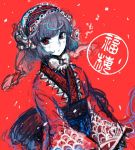  1girl bangs blunt_bangs blush bow bowtie copyright_request fujinozu grey_hair hairband japanese_clothes kimono obi pale_skin red_background red_eyes red_kimono sash short_hair snowing solo veil white_bow wide_sleeves 