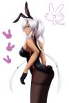  1girl animal_ears ass black_legwear blush breasts brown_eyes bunny_tail bunnysuit closed_mouth dress fake_animal_ears fake_tail glasses gloves kantai_collection large_breasts melound musashi_(kantai_collection) pantyhose rabbit_ears simple_background solo tail white_hair 