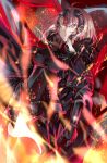  1girl absurdres ahoge armor armored_dress black_dress breasts chains dorashieru dress eyebrows_visible_through_hair fate/grand_order fate_(series) faulds flag fur_trim gauntlets headpiece highres holding holding_flag holding_weapon jeanne_d&#039;arc_(alter)_(fate) jeanne_d&#039;arc_(fate) jeanne_d&#039;arc_(fate)_(all) polearm silver_hair weapon yellow_eyes 