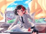 1girl bang_dream! black_hair blush book city curtains day dress glasses looking_at_viewer mitake_ran official_art open_mouth pencil_case red_eyes school_desk school_uniform short_hair solo sparkle window