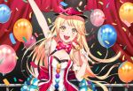  1girl :d arm_up back_bow balloon bang_dream! bangs black_hat blonde_hair bow bowtie breasts cleavage cloud_print confetti curtains dress earrings hat hat_bow holding holding_scepter jewelry long_hair looking_at_viewer m_(aaaem) open_mouth pinky_out polka_dot_neckwear pom_pom_(clothes) red_bow red_neckwear scepter signature smile smiley_face solo stage_curtains top_hat tsurumaki_kokoro upper_teeth yellow_eyes 