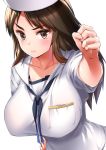  1girl amasora_taichi bangs blush breasts brown_eyes brown_hair clenched_hand closed_mouth commentary_request dixie_cup_hat eyebrows_visible_through_hair girls_und_panzer hat highres large_breasts long_hair looking_at_viewer military_hat murakami_(girls_und_panzer) neckerchief ooarai_naval_school_uniform school_uniform short_sleeves simple_background solo standing white_background 