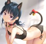  1girl :t all_fours animal_ears bangs bare_arms bare_legs bare_shoulders bell bell_choker bell_collar black_bra black_panties blue_hair bra breasts cat_cutout cat_ear_panties cat_ears cat_lingerie cat_tail choker cleavage_cutout collar collarbone commentary_request frilled_bra frills hair_bun jingle_bell lingerie long_hair looking_at_viewer love_live! love_live!_sunshine!! meme_attire midriff mignon panties paw_print side_bun small_breasts solo stomach sulking tail tsushima_yoshiko underwear underwear_only violet_eyes 