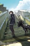  1boy bridge brown_hair clouds cloudy_sky commentary_request cyberpunk dappled_sunlight dog elizabethan_collar hair_over_one_eye hands_in_pockets highres hood hoodie mechanization morion_airlines original short_hair sky stairs sunlight 