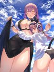  2girls ass bare_legs bikini blue_sky breasts cat_ear_headphones cat_tail cleavage closed_eyes commentary_request cowboy_shot ganesagi glaring goggles hair_ornament hairclip headphones highres hood hooded_jacket hug jacket looking_at_viewer multiple_girls original parted_lips pink_hair sarong sky swimsuit tail thick_thighs thighs 
