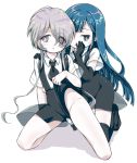  2others amimi androgynous blue_eyes blue_hair crystal_hair elbow_gloves gem_uniform_(houseki_no_kuni) ghost_quartz_(houseki_no_kuni) gloves grey_eyes grey_hair hair_over_one_eye hime_cut houseki_no_kuni lapis_lazuli_(houseki_no_kuni) long_hair looking_at_viewer multiple_others necktie see-through short_hair suspenders whispering white_background 