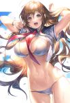  1girl arms_up bangs bikini blush bracelet breasts brown_eyes brown_hair character_request cleavage copyright_request hair_between_eyes hips jewelry large_breasts lighting long_hair looking_at_viewer navel neckerchief open_mouth red_neckwear sailor_collar senchat shirt_lift smile solo swimsuit thighs waist wet white_bikini white_serafuku 