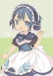  1boy :d blue_eyes blue_hair capelet commentary_request copyright_name green_background hairband highres konayama_kata made_in_abyss maid maid_headdress maruruk open_mouth signature smile solo trap twitter_username underbust whistle 