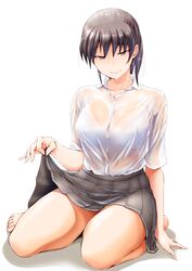  1girl amagami bangs bare_legs black_eyes black_hair black_skirt blush bra bralines breasts eyebrows_visible_through_hair highres lace lace-trimmed_bra large_breasts long_hair looking_at_viewer pleated_skirt ponytail sasaki_akira_(ugc) school_uniform see-through serafuku shirt skirt smile solo tsukahara_hibiki underwear wet wet_clothes wet_shirt white_background white_shirt 