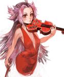  1girl bangs bare_arms breasts breasts_apart cowboy_shot dress fujinozu grin halter_dress halterneck holding holding_instrument instrument jun&#039;you_(kantai_collection) kantai_collection messy_hair no_bra pink_hair plunging_neckline purple_hair red_dress red_eyes simple_background smile solo spiky_hair violin white_background 