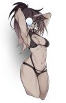  1girl armpits arms_behind_head bikini black_bikini breasts brown_eyes brown_hair dark_skin fangs freckles glasses highres long_hair looking_at_viewer medium_breasts monster_girl navel original ponytail slugbox solo swimsuit 