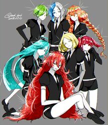  alexandrite_(houseki_no_kuni) black_neckwear elbow_gloves euclase_(houseki_no_kuni) gem_uniform_(houseki_no_kuni) gloves highres houseki_no_kuni morino_bambi necktie padparadscha_(houseki_no_kuni) peridot_(houseki_no_kuni) red_beryl_(houseki_no_kuni) shiny shiny_hair sphene_(houseki_no_kuni) thigh-highs yellow_diamond_(houseki_no_kuni) 