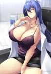 1girl blue_hair blush breasts cleavage doctor haganef huge_breasts jewelry labcoat long_hair maken-ki! necklace nijou_aki red_eyes skirt smile solo