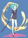  1other amimi androgynous aqua_eyes aqua_hair blue_background full_body gem_uniform_(houseki_no_kuni) gold golden_arms green_eyes green_hair high_heels houseki_no_kuni looking_at_viewer necktie phosphophyllite short_hair solo sword weapon 