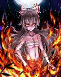  &gt;:( 1girl angry bamboo bandage bare_arms bare_shoulders blurry_foreground bow breasts chunk-san cleavage clenched_teeth collarbone commentary_request cowboy_shot embers eyebrows_visible_through_hair fire fujiwara_no_mokou full_moon glaring hair_between_eyes hair_bow hand_in_pocket highres long_hair looking_at_viewer medium_breasts moon night night_sky ofuda open_fly outdoors pants red_eyes red_pants sarashi sidelocks silver_hair skindentation sky solo standing star_(sky) starry_sky teeth touhou under_boob v-shaped_eyebrows very_long_hair white_bow 