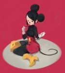  1girl animal_ears black_eyes black_legwear boots cheese closed_mouth commentary disney english_commentary food genderswap genderswap_(mtf) gloves highres long_sleeves mickey_mouse mouse_ears mouse_tail pantyhose red_background simple_background sitting smile solo suspenders tail white_gloves xavier_houssin yellow_footwear 