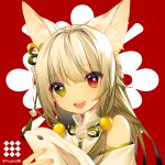  +_+ 1girl :d animal animal_ears bangs bare_shoulders blush chinese_commentary commentary_request dress eyebrows_visible_through_hair fingernails flower green_eyes hair_between_eyes hair_ornament head_tilt heterochromia holding holding_animal long_hair looking_at_viewer open_mouth original prophet_chu rabbit red_background red_eyes revision rose round_teeth silver_hair smile solo teeth twitter_username upper_teeth very_long_hair white_dress white_flower white_rose 