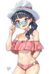  1girl bikini birthday blue_eyes breasts cleavage commentary_request earrings happy_birthday hat jewelry looking_at_viewer love_live! love_live!_sunshine!! pink_eyes ponytail signature small_breasts solo sunglasses swimsuit takenoko_no_you tsushima_yoshiko 