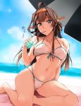  1girl ahoge alternate_costume arm_support beach beach_towel beach_umbrella bikini blue_eyes blue_sky breasts brown_hair cleavage closed_mouth clouds collarbone cup day disposable_cup double_bun drinking drinking_straw front-tie_bikini front-tie_top headgear kantai_collection kongou_(kantai_collection) large_breasts long_hair looking_at_viewer multi-strapped_bikini navel ocean outdoors sand shadow sidelocks sitting skindentation sky solo swimsuit thighs towel umbrella white_bikini zekkyon 