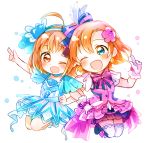  2girls ;d ahoge arm_up bangs blue_dress blue_eyes blush boots bow bowtie chibi dress earrings feathers flower gloves hair_bow hair_feathers hair_flower hair_ornament hairband hand_up index_finger_raised jewelry jumping kanarin97 kira-kira_sensation! kousaka_honoka locked_arms love_live! love_live!_school_idol_project love_live!_sunshine!! multiple_girls one_eye_closed open_mouth orange_hair overskirt pink_dress red_eyes short_hair smile striped_neckwear takami_chika thigh-highs water_blue_new_world white_background white_gloves 