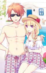  1boy 1girl :d bangs bare_shoulders black-framed_eyewear blonde_hair brown_hair collarbone commentary_request day eyebrows_visible_through_hair facing_viewer fingernails flower groin gucchiann hand_on_hip hat hat_flower highres holding long_hair looking_at_viewer male_swimwear navel off-shoulder_shirt open_mouth original outdoors parted_lips red_flower red_rose rose shirt shirtless short_sleeves sitting skirt smile standing sunglasses swim_trunks swimwear v-shaped_eyebrows violet_eyes water white_shirt 